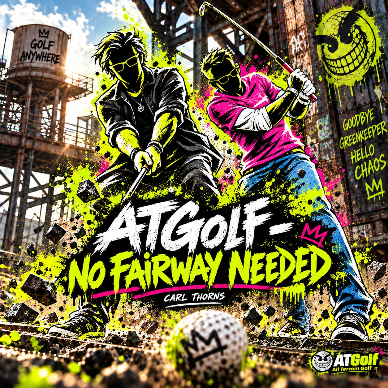 Albumcover ATGolf – No Fairway Needed: neonfarbenes Crossgolf-Motiv im Graffiti-Look