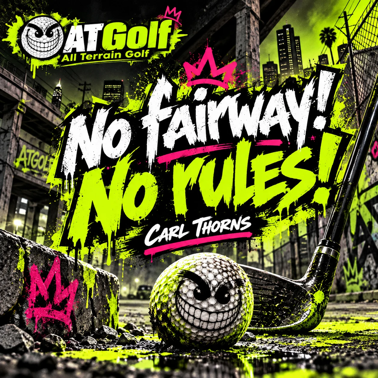 Graffiti-Cover No Fairway! No Rules!: grinsender Golfball, Neon-Spritzer und Stadtkulisse